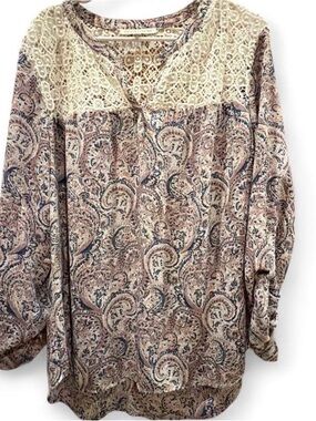 Daniel Rainn Cream Lace Yoke Paisley Blouse with Beige and purple Accents